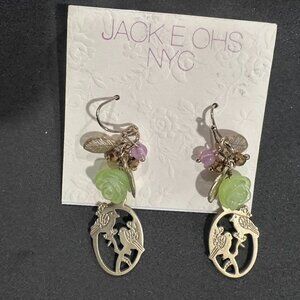 Jack E Ohs NYC - bird earrings gold with green rose and pink/bronze beads